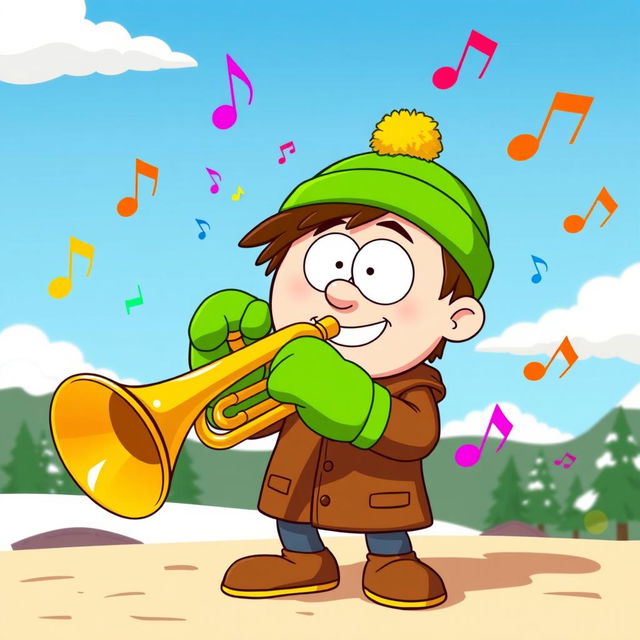 A cartoonish character inspired by Kyle Broflovski from South Park, playing a brass trumpet