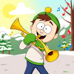 A cartoonish character inspired by Kyle Broflovski from South Park, playing a brass trumpet