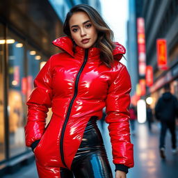 A stunning young woman in a heavy, tight-fitting shiny red and black puffer suit, perfectly blending style and warmth