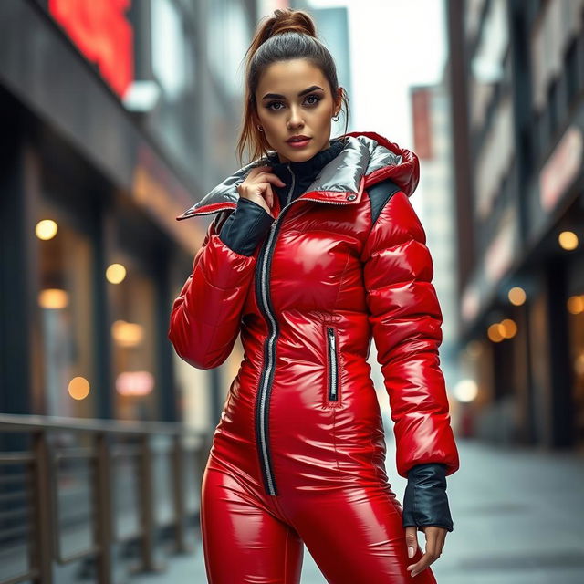 A stunning young woman in a heavy, tight-fitting shiny red and black puffer suit, perfectly blending style and warmth