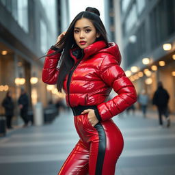 A stunning young woman in a heavy, tight-fitting shiny red and black puffer suit, perfectly blending style and warmth