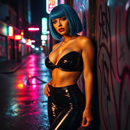 A seductive woman dressed in form-fitting latex attire that accentuates her curves