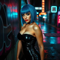 A seductive woman dressed in form-fitting latex attire that accentuates her curves