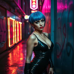 A seductive woman dressed in form-fitting latex attire that accentuates her curves