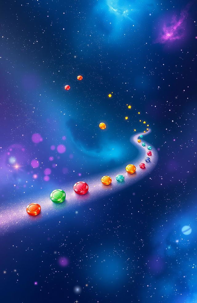 A serene cosmic scene depicting small, colorful chips moving gracefully through the vastness of space