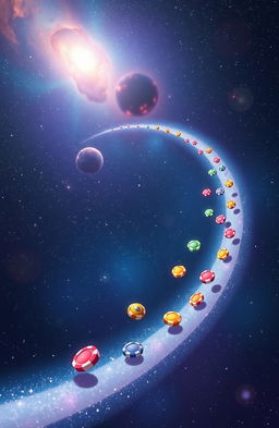 A serene cosmic scene depicting small, colorful chips moving gracefully through the vastness of space