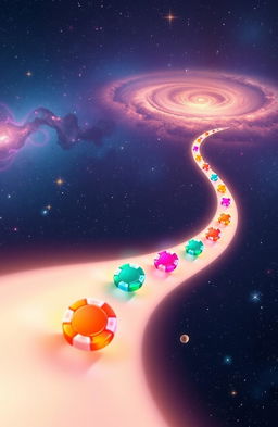 A serene cosmic scene depicting small, colorful chips moving gracefully through the vastness of space