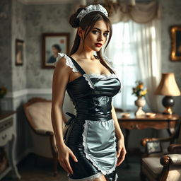 A seductive scene featuring a latex maid, elegantly dressed in a shiny, form-fitting black latex outfit with white lace trim and a playful bib apron