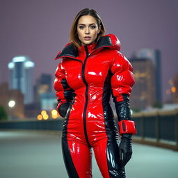 A stunning young woman wearing a heavy, tight-fitting shiny red and black puffer suit that accentuates her figure