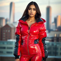 A stunning young woman wearing a heavy, tight-fitting shiny red and black puffer suit that accentuates her figure