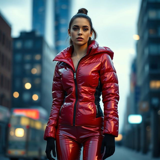 A stunning young woman wearing a heavy, tight-fitting shiny red and black puffer suit that accentuates her figure