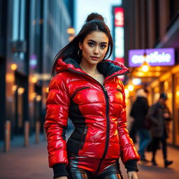 A beautiful young woman dressed in a heavy, tight-fitting shiny red and black puffer suit that hugs her figure
