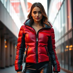 A beautiful young woman dressed in a heavy, tight-fitting shiny red and black puffer suit that hugs her figure