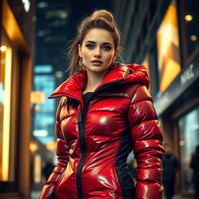 A beautiful young woman dressed in a heavy, tight-fitting shiny red and black puffer suit that hugs her figure