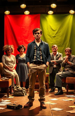 A theatrical stage scene from the Australian play 'Così' by Louis Nowra, depicting Lewis in a chaotic asylum setting with colorful backdrops representing madness and reality