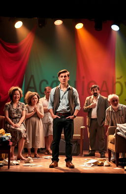 A theatrical stage scene from the Australian play 'Così' by Louis Nowra, depicting Lewis in a chaotic asylum setting with colorful backdrops representing madness and reality