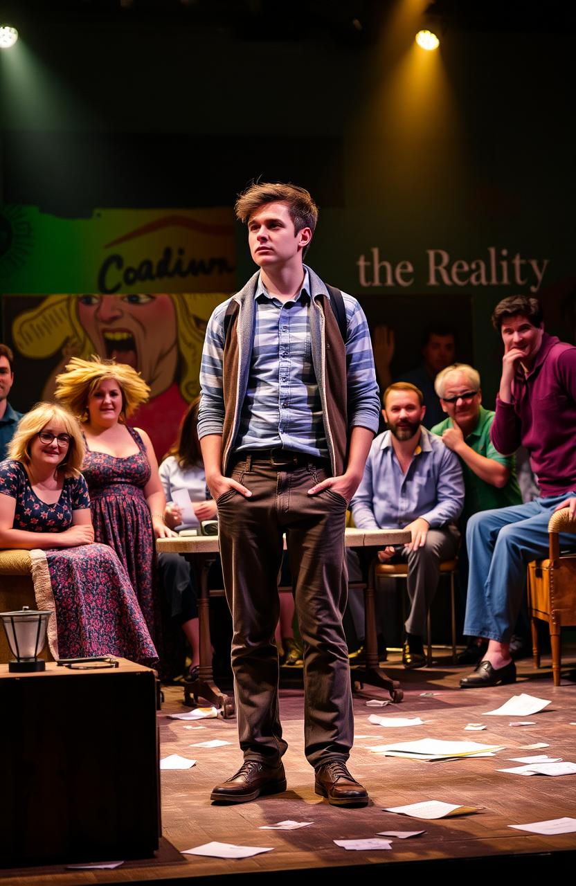 A theatrical stage scene from the Australian play 'Così' by Louis Nowra, depicting Lewis in a chaotic asylum setting with colorful backdrops representing madness and reality