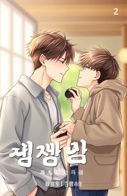 A book cover for a BL manhwa story featuring two male characters, Jihoon and Haneul