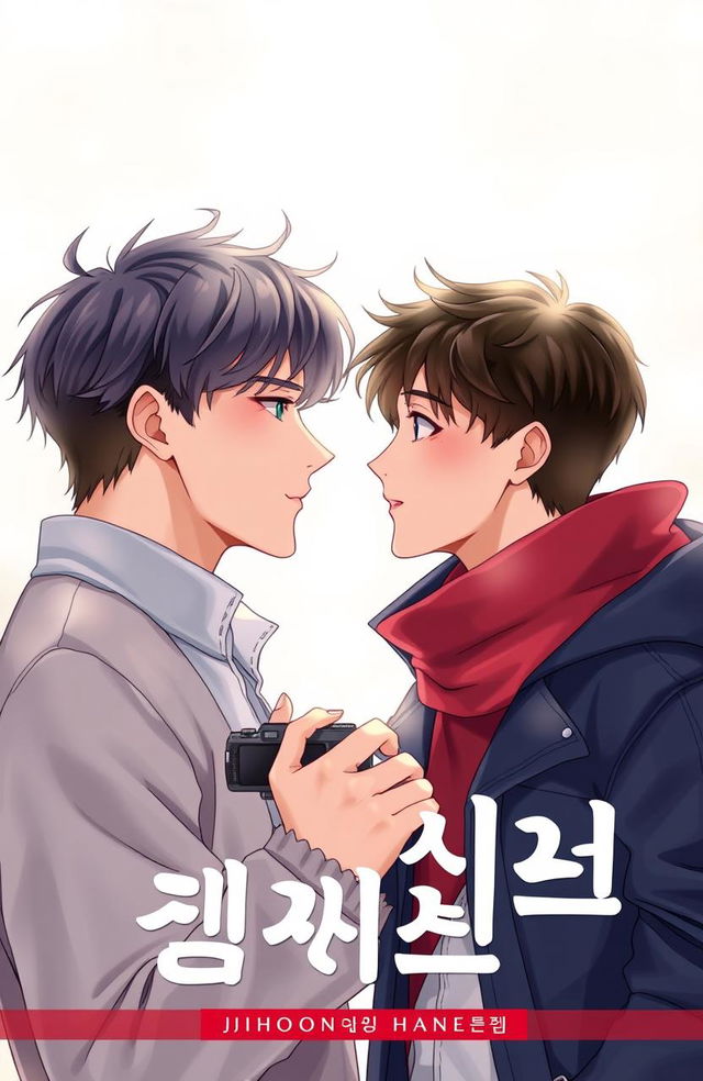 A book cover for a BL manhwa story featuring two male characters, Jihoon and Haneul