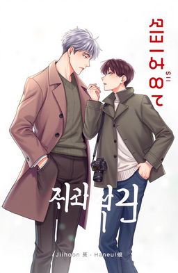 A book cover for a BL manhwa story featuring two male characters, Jihoon and Haneul