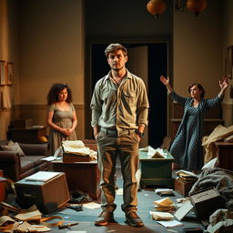 An insightful and emotional scene from the Australian play 'Così' written by Louis Nowra, capturing Lewis amidst the disorder of an asylum