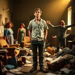 An insightful and emotional scene from the Australian play 'Così' written by Louis Nowra, capturing Lewis amidst the disorder of an asylum