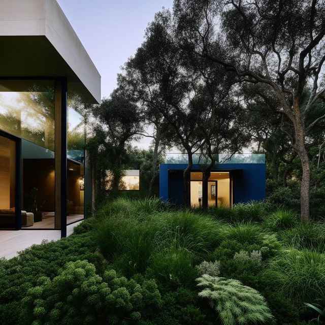 A modern home with sleek lines, a generous use of glass, and a minimalist interior aesthetic. The house is surrounded by lush landscaping that contrasts with the structure's clean design.