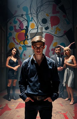 A dramatic stage scene depicting the main character Lewis in an asylum, surrounded by a chaotic yet artistically rendered environment that symbolizes madness and reality