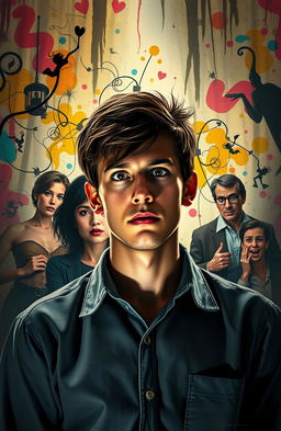A dramatic stage scene depicting the main character Lewis in an asylum, surrounded by a chaotic yet artistically rendered environment that symbolizes madness and reality