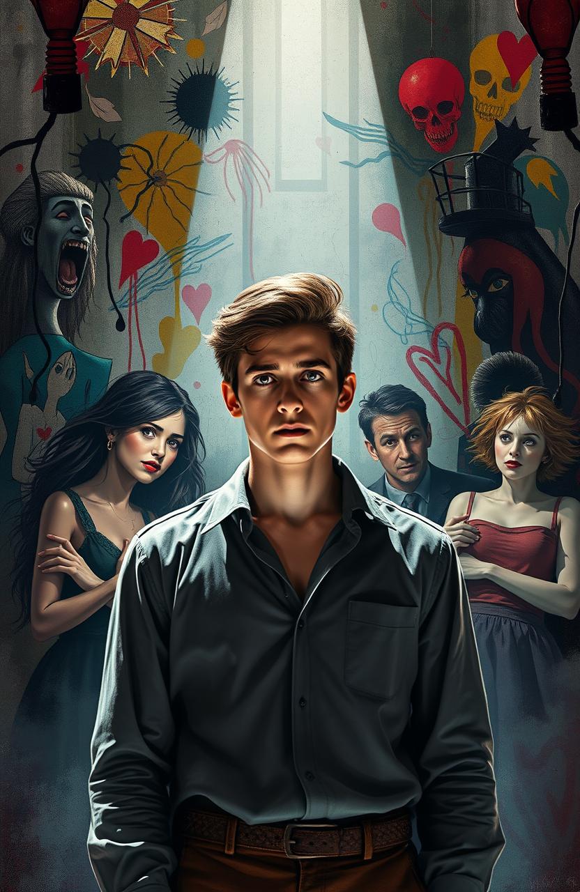 A dramatic stage scene depicting the main character Lewis in an asylum, surrounded by a chaotic yet artistically rendered environment that symbolizes madness and reality