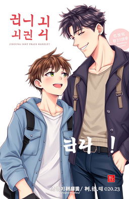 A book cover for a BL manhwa story featuring two male characters, Jihoon and Haneul, depicted in a traditional manhwa art style