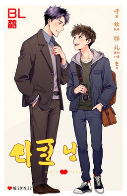 A book cover for a BL manhwa story featuring two male characters, Jihoon and Haneul, depicted in a traditional manhwa art style