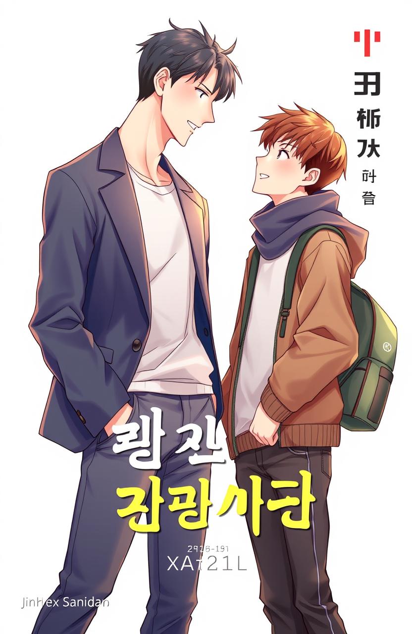 A book cover for a BL manhwa story featuring two male characters, Jihoon and Haneul, depicted in a traditional manhwa art style