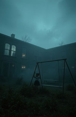 A hauntingly atmospheric school scene, featuring an old, dilapidated building with cracked windows and eerie shadows