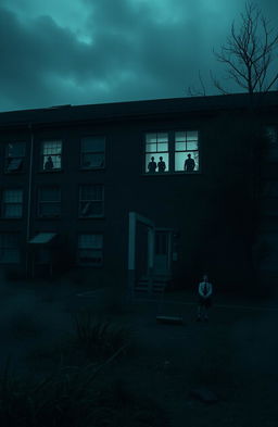 A hauntingly atmospheric school scene, featuring an old, dilapidated building with cracked windows and eerie shadows