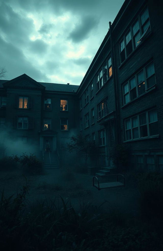 A hauntingly atmospheric school scene, featuring an old, dilapidated building with cracked windows and eerie shadows