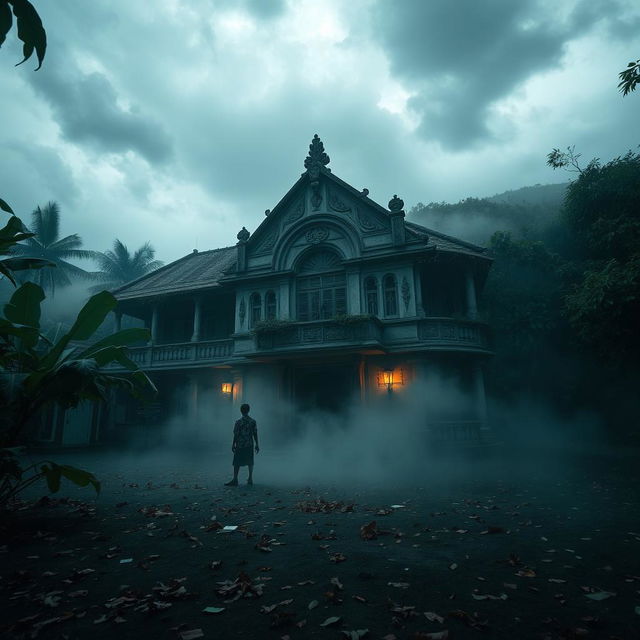 A chilling Indonesian school scene, featuring an old, crumbling building with traditional Indonesian architecture, adorned with intricate carvings and overgrown vines