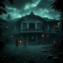 A chilling Indonesian school scene, featuring an old, crumbling building with traditional Indonesian architecture, adorned with intricate carvings and overgrown vines