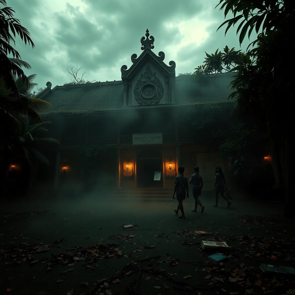 A chilling Indonesian school scene, featuring an old, crumbling building with traditional Indonesian architecture, adorned with intricate carvings and overgrown vines