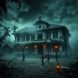 A chilling Indonesian school scene, featuring an old, crumbling building with traditional Indonesian architecture, adorned with intricate carvings and overgrown vines