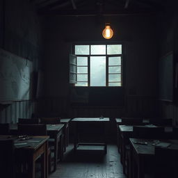 Inside a haunted Indonesian school, the scene captures a dimly lit classroom filled with aged wooden desks and chairs, some overturned and dust-covered