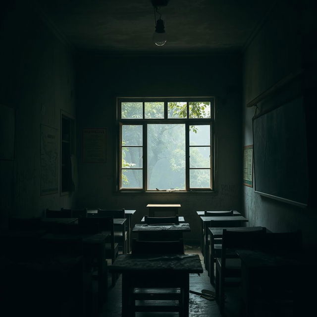 Inside a haunted Indonesian school, the scene captures a dimly lit classroom filled with aged wooden desks and chairs, some overturned and dust-covered