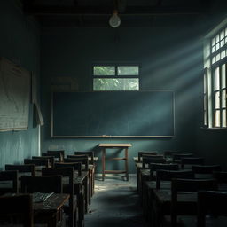 Inside a haunted Indonesian school, the scene captures a dimly lit classroom filled with aged wooden desks and chairs, some overturned and dust-covered