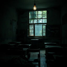 Inside a haunted Indonesian school, the scene captures a dimly lit classroom filled with aged wooden desks and chairs, some overturned and dust-covered