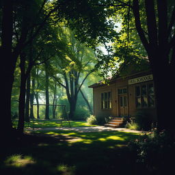 A slightly eerie yet bright scene of a school nestled in a vibrant forest, where sunlight filters through the leaves, creating dappled shadows on the ground