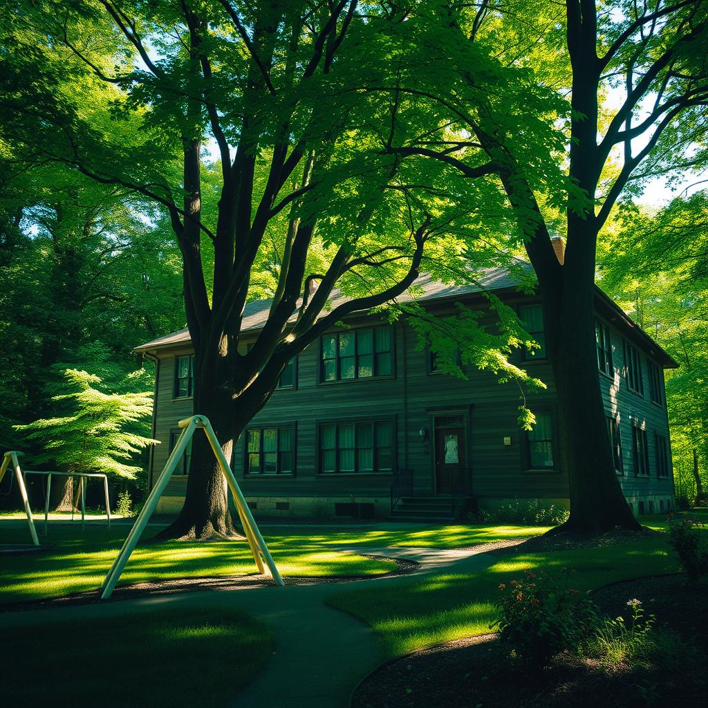 A slightly eerie yet bright scene of a school nestled in a vibrant forest, where sunlight filters through the leaves, creating dappled shadows on the ground