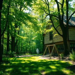 A slightly eerie yet bright scene of a school nestled in a vibrant forest, where sunlight filters through the leaves, creating dappled shadows on the ground