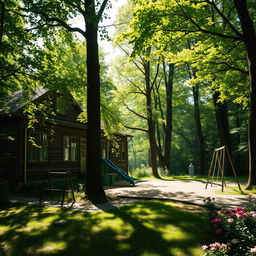 A slightly eerie yet bright scene of a school nestled in a vibrant forest, where sunlight filters through the leaves, creating dappled shadows on the ground