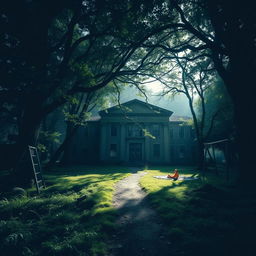 An unsettling scene of a school located in a dark and gloomy forest, where the light struggles to penetrate the thick canopy above