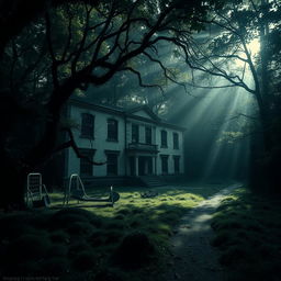 An unsettling scene of a school located in a dark and gloomy forest, where the light struggles to penetrate the thick canopy above